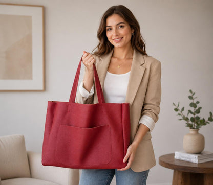 Oversized Red Leather Tote Bag, Large Everyday Office Shoulder Handbag, Handmade in Poland