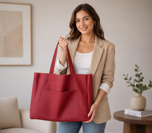 Oversized Red Leather Tote Bag, Large Everyday Office Shoulder Handbag, Handmade in Poland