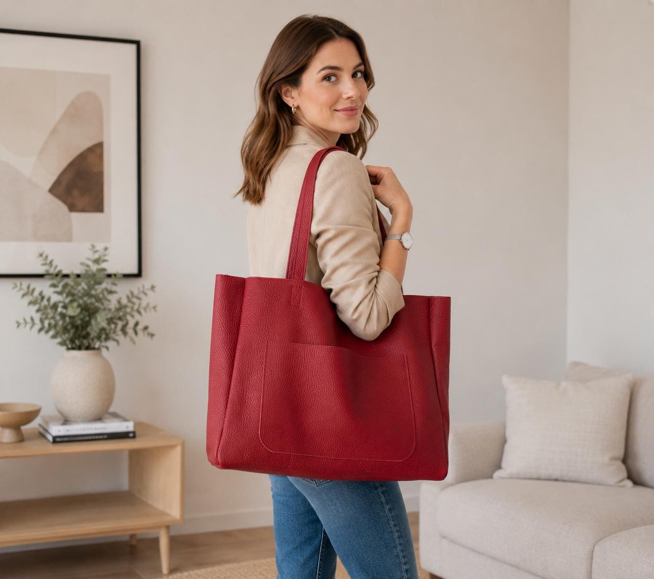 Oversized Red Leather Tote Bag, Large Everyday Office Shoulder Handbag, Handmade in Poland