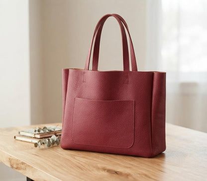Oversized Red Leather Tote Bag, Large Everyday Office Shoulder Handbag, Handmade in Poland