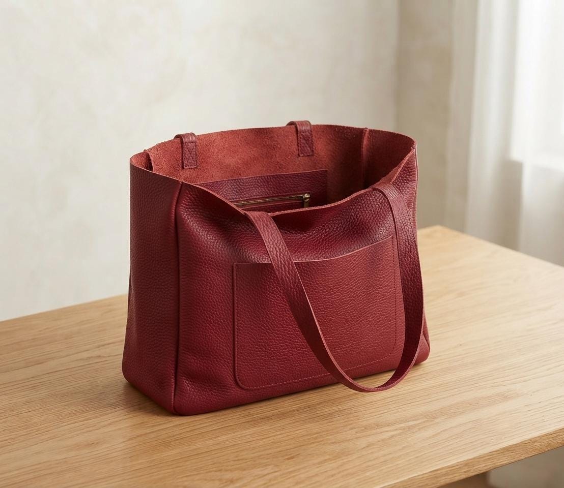 Oversized Red Leather Tote Bag, Large Everyday Office Shoulder Handbag, Handmade in Poland