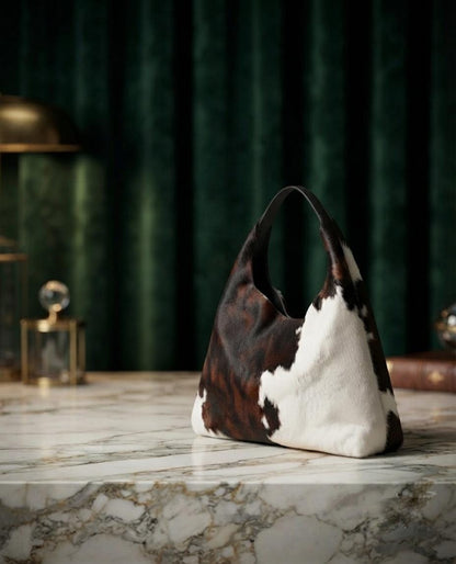 Handmade Cowhide Hobo Bag, Genuine Fur Western Leather Shoulder Tote Bag
