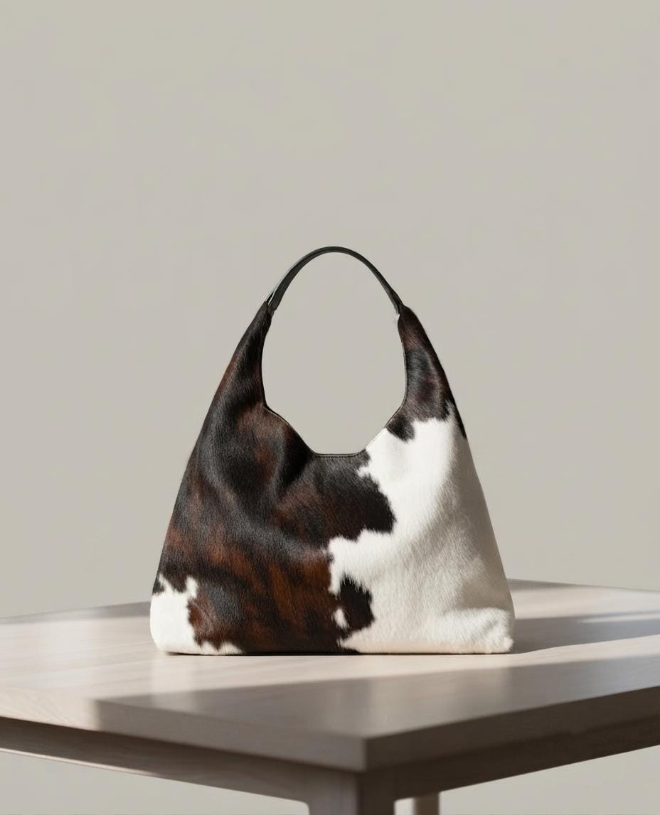 Handmade Cowhide Hobo Bag, Genuine Fur Western Leather Shoulder Tote Bag