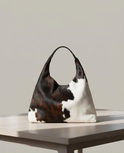 Handmade Cowhide Hobo Bag, Genuine Fur Western Leather Shoulder Tote Bag