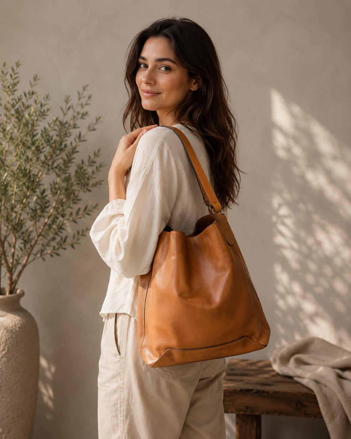 Genuine Cowhide Leather Tote Bag, Large Capacity Shoulder Purse, Minimalist Crossbody Bag