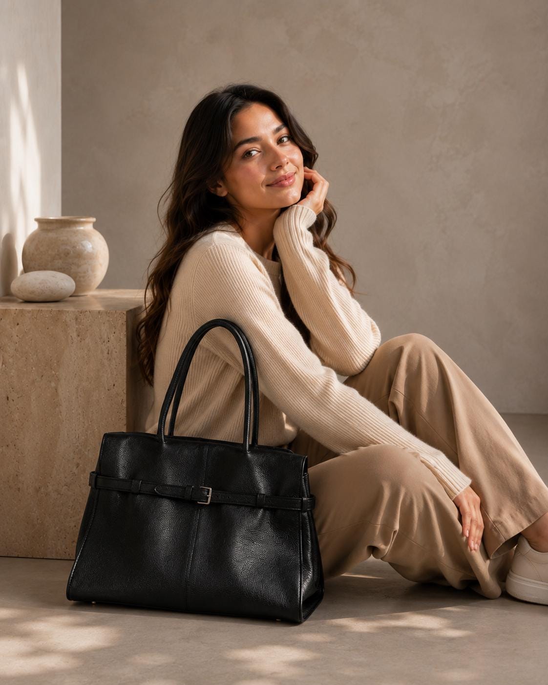 Genuine Leather Structured Work Tote, Minimalist Everyday Handbag, Quiet Luxury Bag
