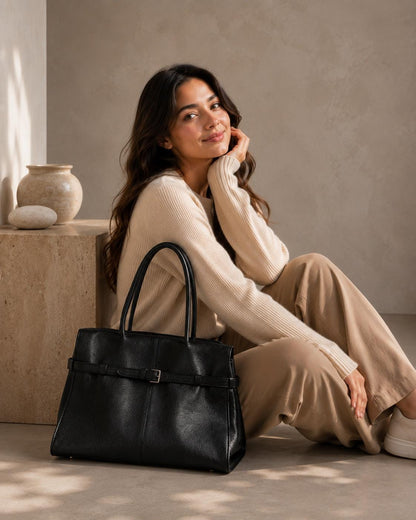 Genuine Leather Structured Work Tote, Minimalist Everyday Handbag, Quiet Luxury Bag