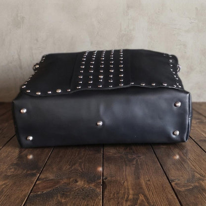 Large Black Leather Studded Messenger Bag, Rocker Chic Shoulder Handbag