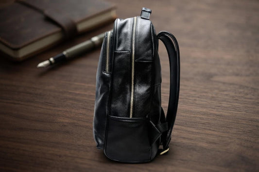 Full Grain Black Leather Backpack, Handmade Laptop Bag, Minimalist Commuter Rucksack