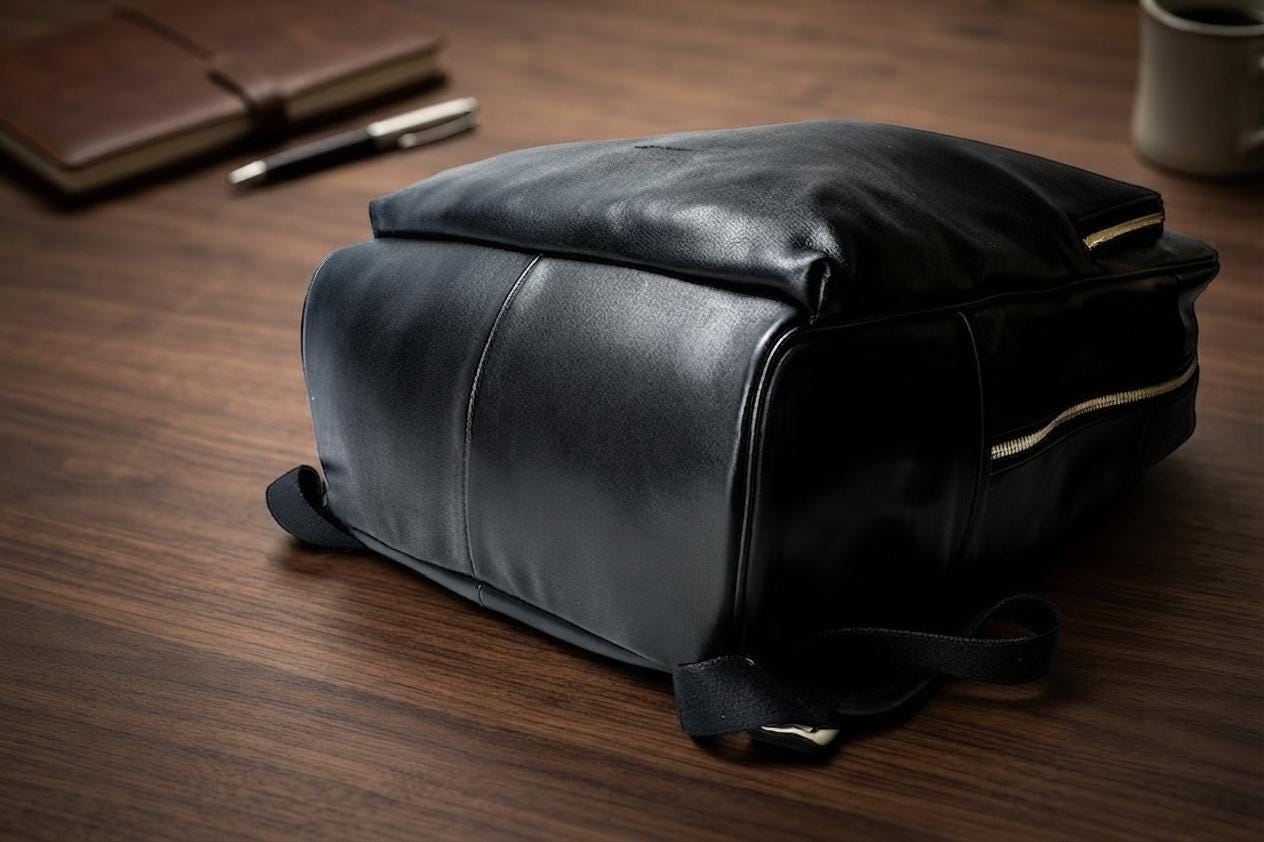 Full Grain Black Leather Backpack, Handmade Laptop Bag, Minimalist Commuter Rucksack