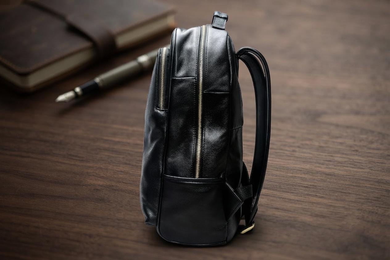 Full Grain Black Leather Backpack, Handmade Laptop Bag, Minimalist Commuter Rucksack