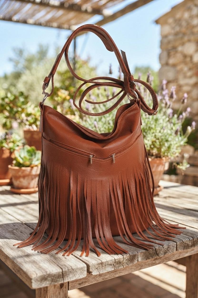 Large Cognac Leather Hobo Bag, Fringe Tassel Crossbody, Handmade Slouchy Tote