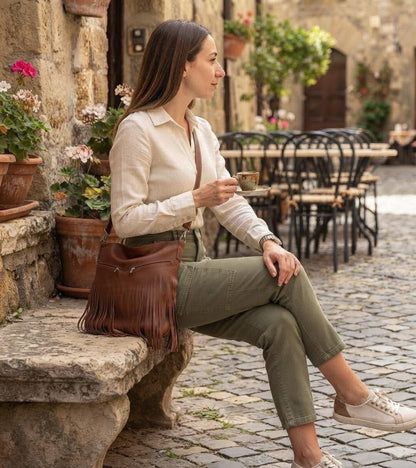 Large Cognac Leather Hobo Bag, Fringe Tassel Crossbody, Handmade Slouchy Tote