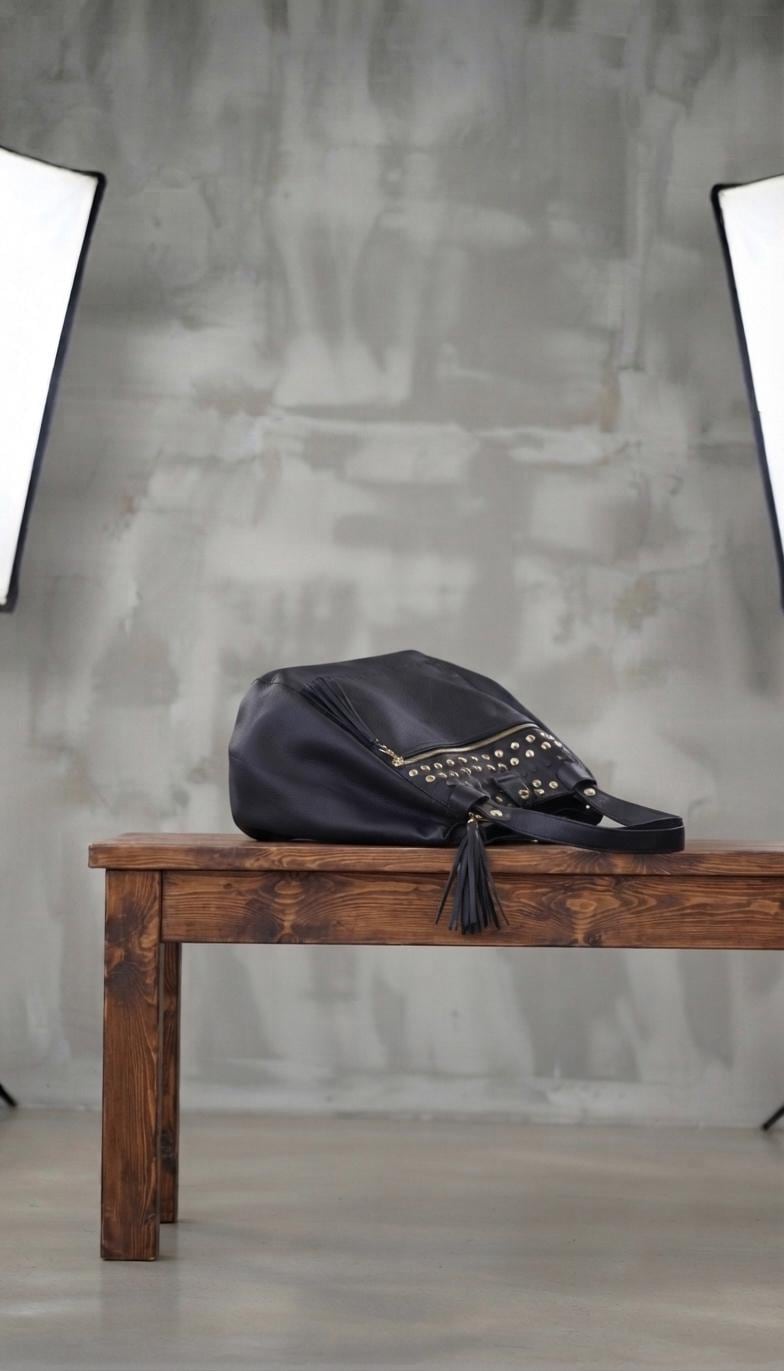 Oversized Black Leather Fringe Tote Bag, Studded Tassel Duffle, Multi-Way Shoulder Handbag
