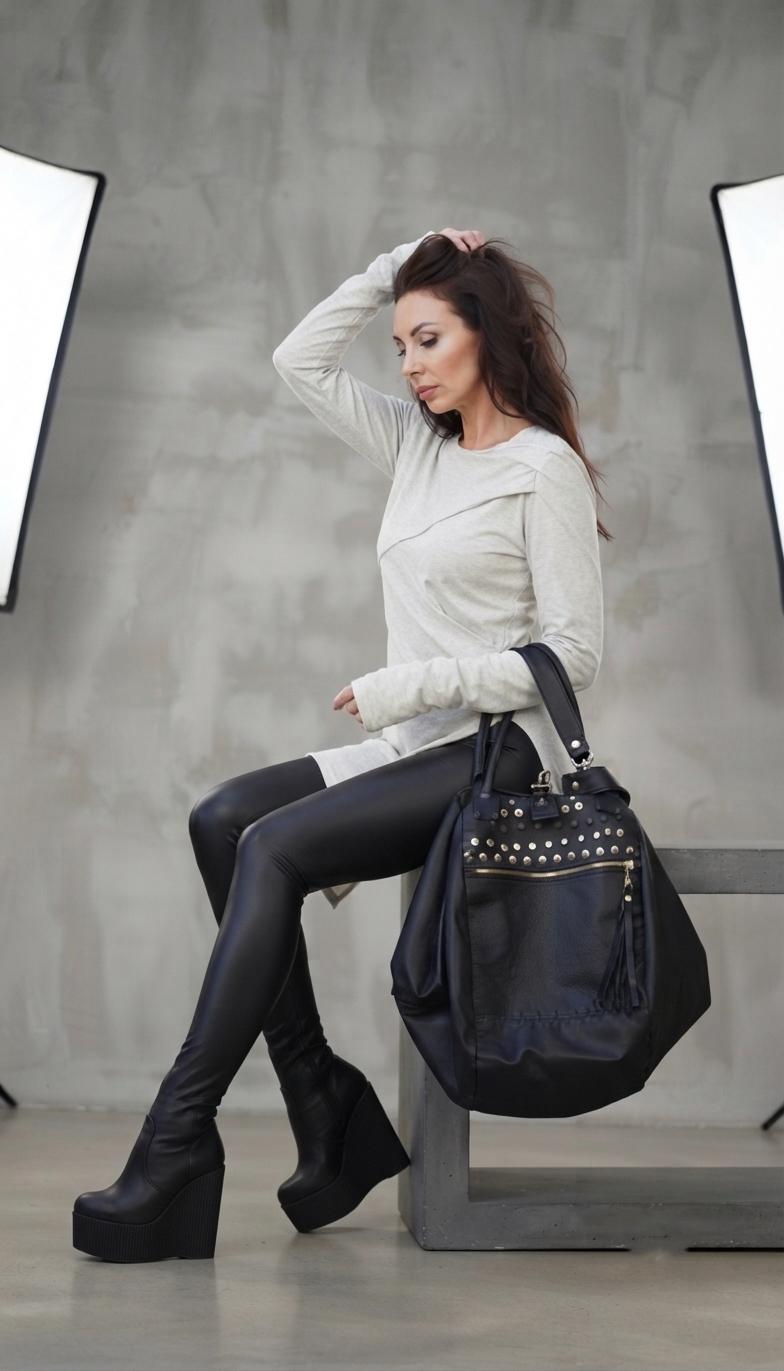 Oversized Black Leather Fringe Tote Bag, Studded Tassel Duffle, Multi-Way Shoulder Handbag