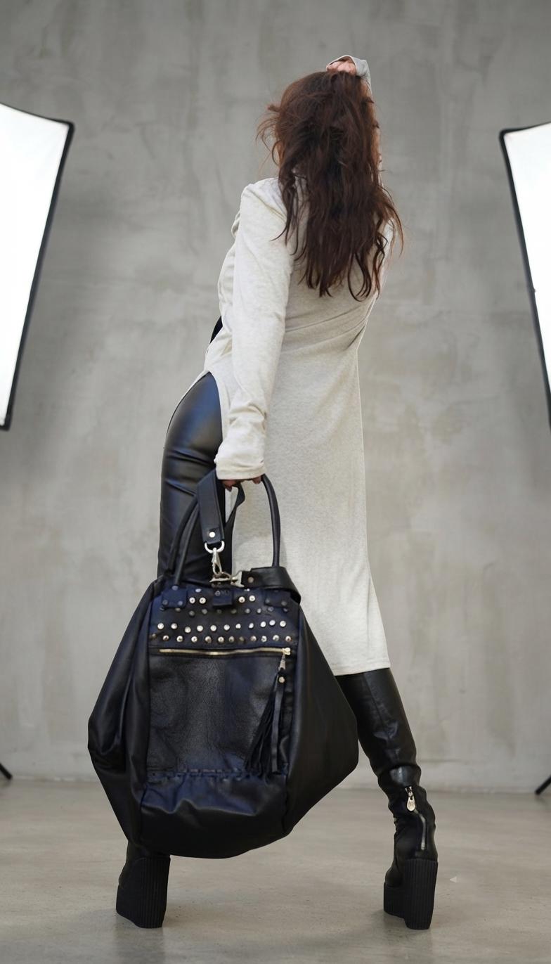 Oversized Black Leather Fringe Tote Bag, Studded Tassel Duffle, Multi-Way Shoulder Handbag