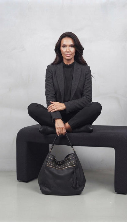 Oversized Black Leather Fringe Tote Bag, Studded Tassel Duffle, Multi-Way Shoulder Handbag