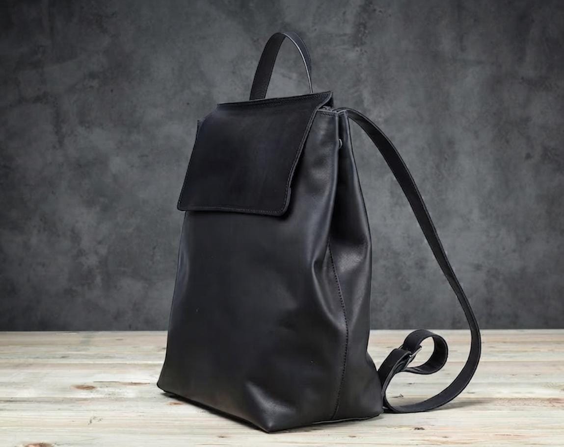 Handmade Full Grain Leather Laptop Backpack – Minimalist Flap Closure Daypack for Travel