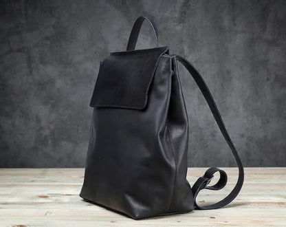 Handmade Full Grain Leather Laptop Backpack – Minimalist Flap Closure Daypack for Travel