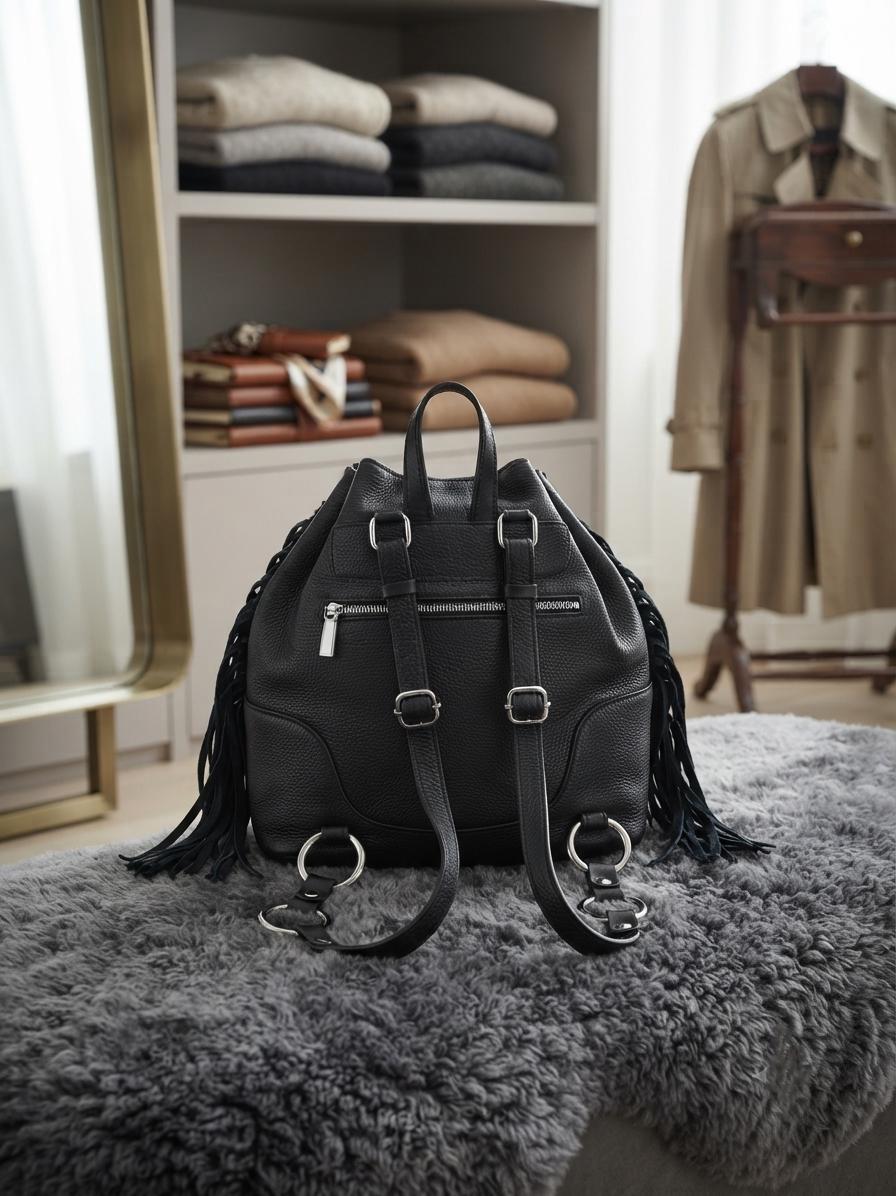 Black Leather Fringe Backpack, Boho Bucket Bag, Women's Laptop Rucksack, Travel Bag