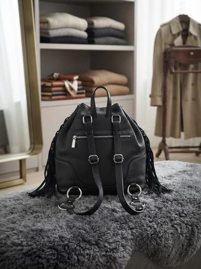 Black Leather Fringe Backpack, Boho Bucket Bag, Women's Laptop Rucksack, Travel Bag