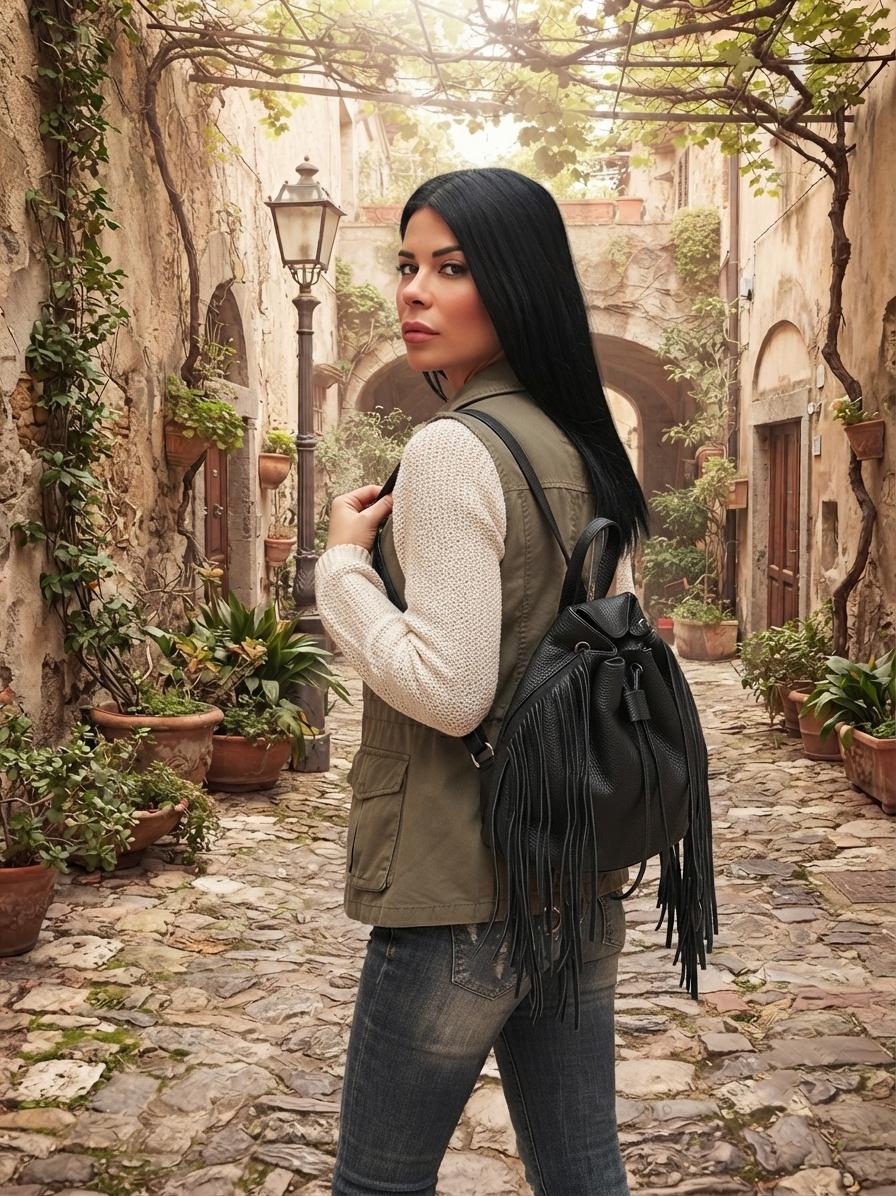Black Leather Fringe Backpack, Boho Bucket Bag, Women's Laptop Rucksack, Travel Bag