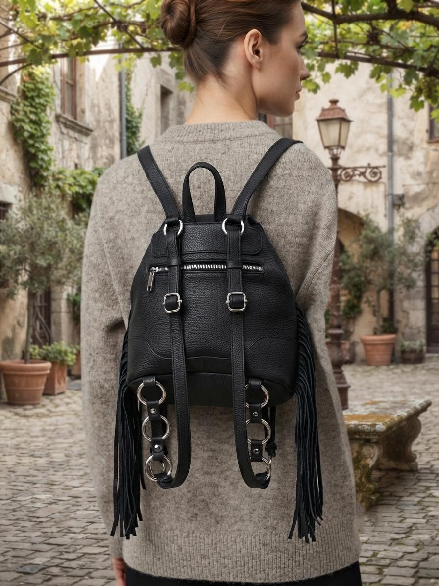 Black Leather Fringe Backpack, Boho Bucket Bag, Women's Laptop Rucksack, Travel Bag