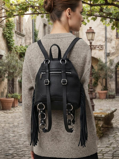 Black Leather Fringe Backpack, Boho Bucket Bag, Women's Laptop Rucksack, Travel Bag