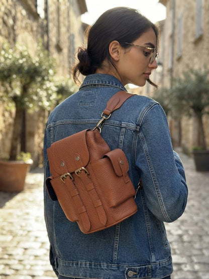 Leather Sling Backpack, Mini Travel Daypack, Hands-Free Purse, Compact Everyday Bag
