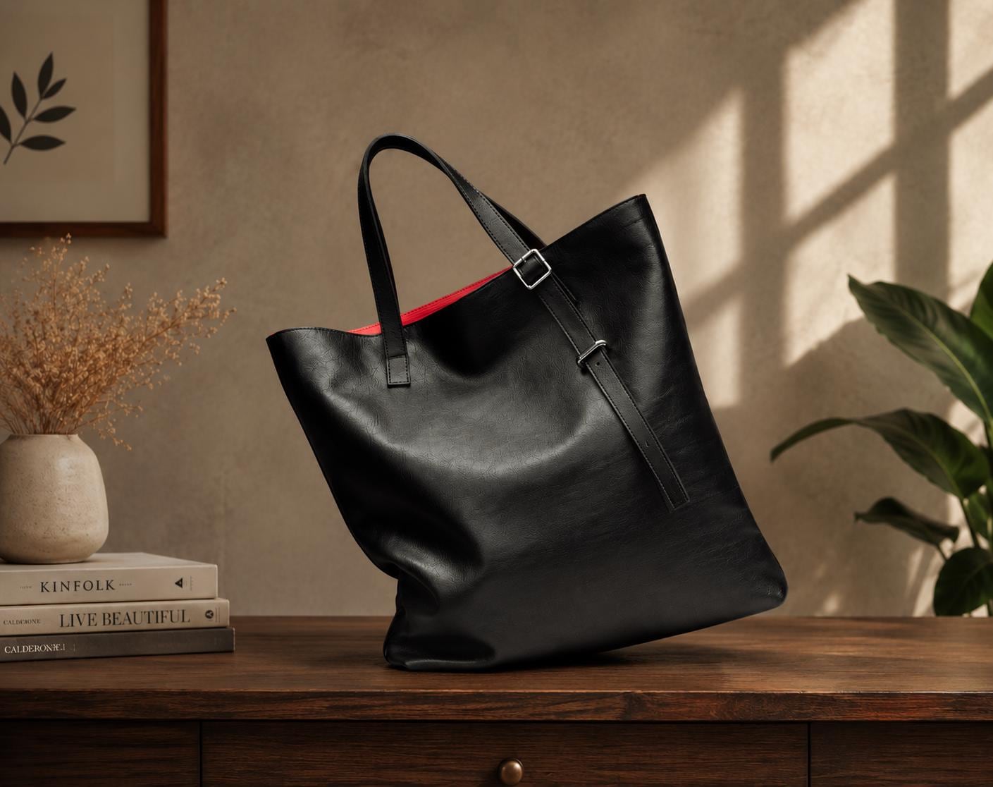 Black Leather Tote Bag, Genuine Work Laptop Shoulder Bag, Minimalist Purse (Zipper Option)