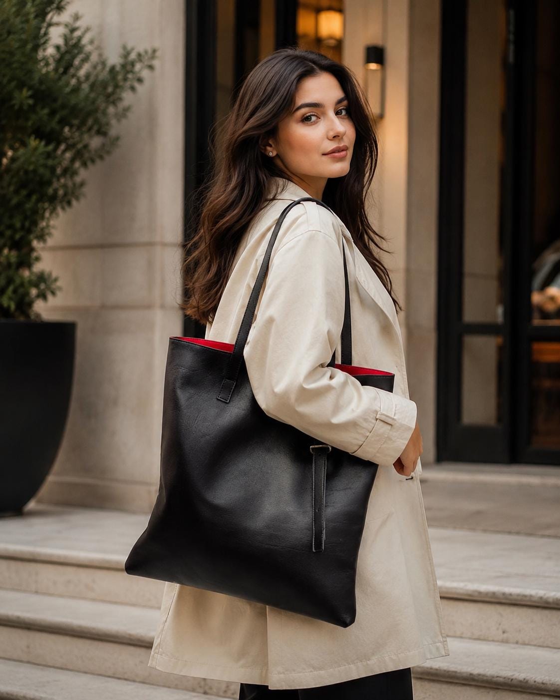 Black Leather Tote Bag, Genuine Work Laptop Shoulder Bag, Minimalist Purse (Zipper Option)