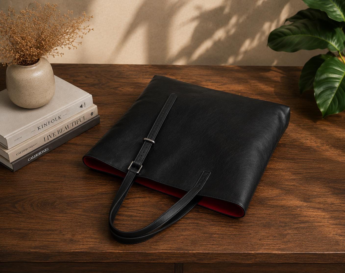 Black Leather Tote Bag, Genuine Work Laptop Shoulder Bag, Minimalist Purse (Zipper Option)