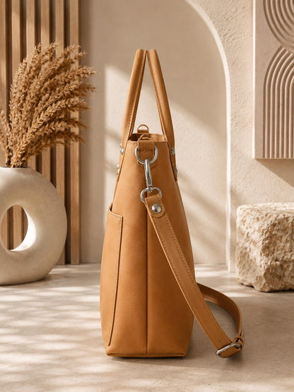 Camel Leather Tote Bag, Minimalist Top Handle Handbag, Everyday Work Bag