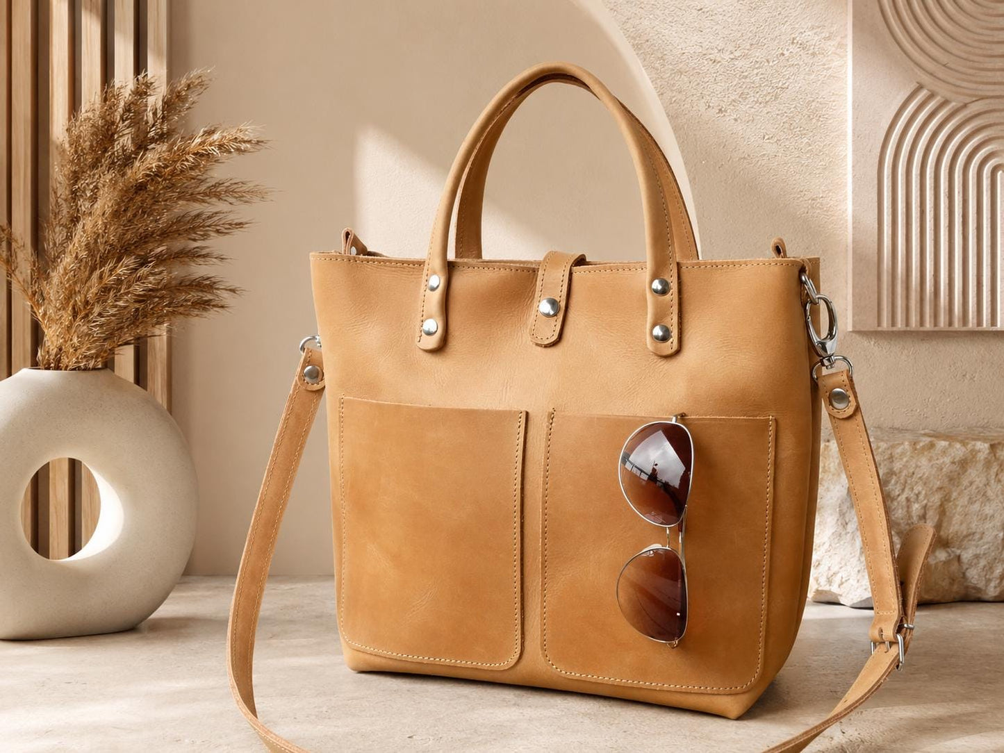 Camel Leather Tote Bag, Minimalist Top Handle Handbag, Everyday Work Bag