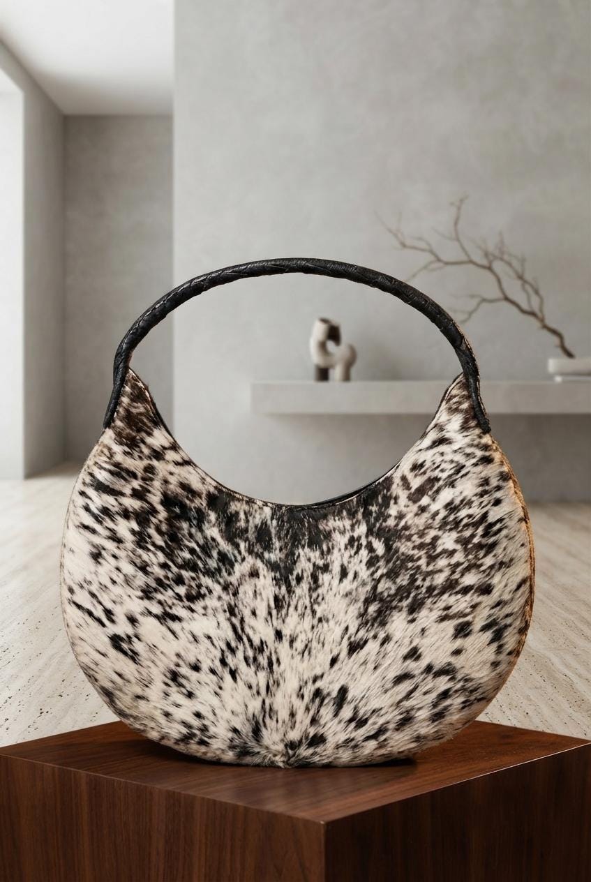 Handmade Hair-On Cowhide Leather Crescent Handbag, Unique Patterned Tote