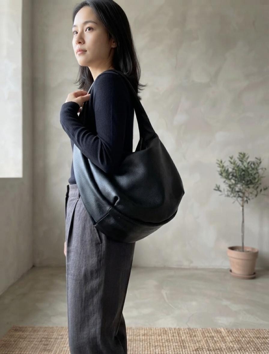 Oversized Leather Crossbody Bag, Soft Slouchy Tote, Minimalist Laptop Shoulder Bag