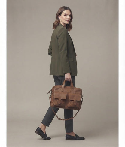 Cognac Brown Full-Grain Leather Briefcase, Men's Professional Laptop Satchel, Handcrafted Work Bag