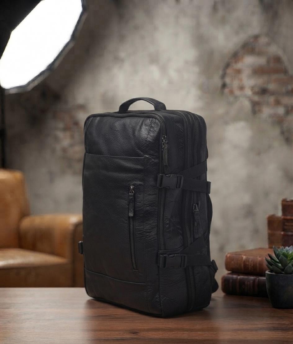 Denver Black Full Grain Leather Travel Backpack | Minimalist Carry-on Weekender Bag