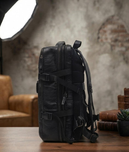 Denver Black Full Grain Leather Travel Backpack | Minimalist Carry-on Weekender Bag