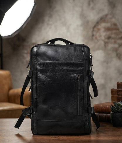 Denver Black Full Grain Leather Travel Backpack | Minimalist Carry-on Weekender Bag