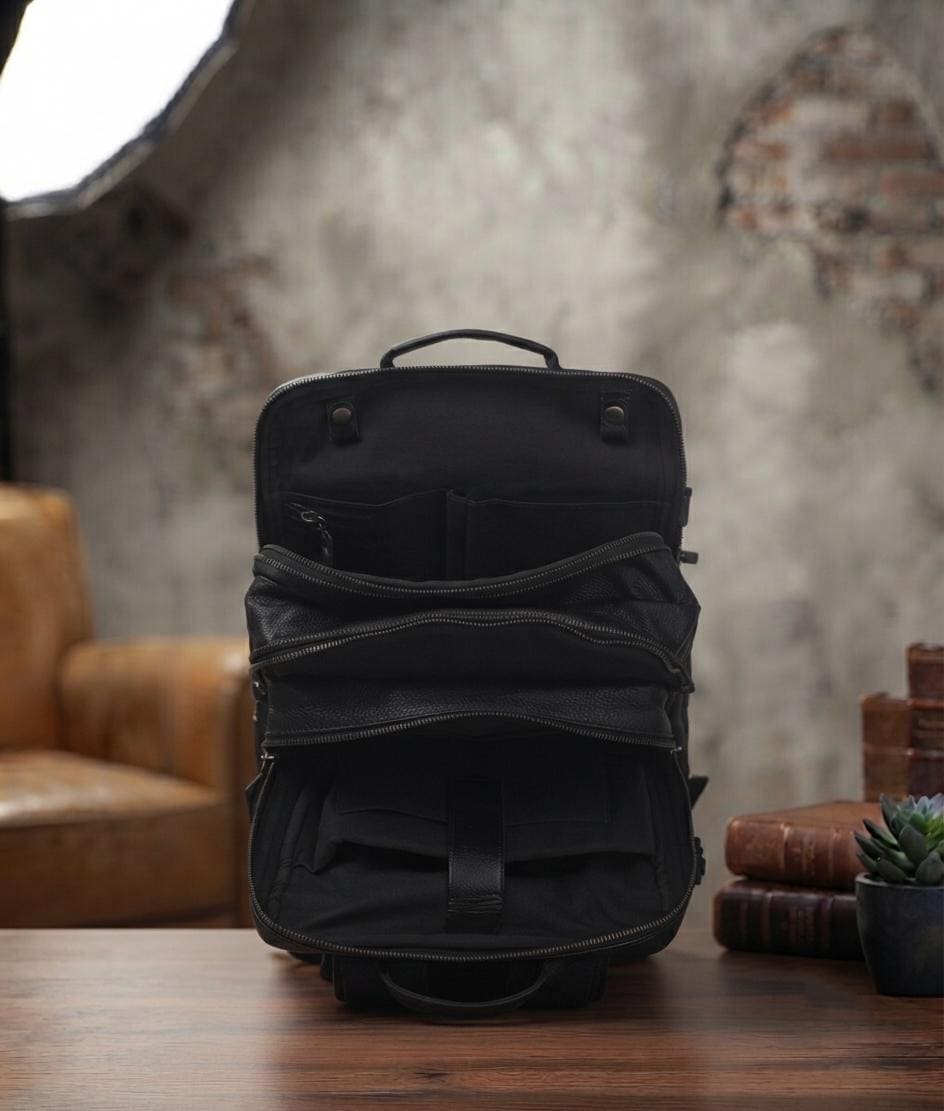 Denver Black Full Grain Leather Travel Backpack | Minimalist Carry-on Weekender Bag
