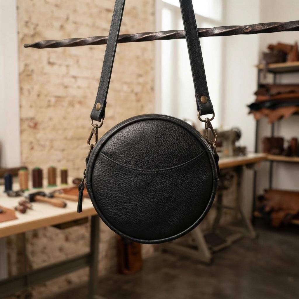 Round Full-Grain Leather Crossbody Bag, Minimalist Circle Shoulder Purse