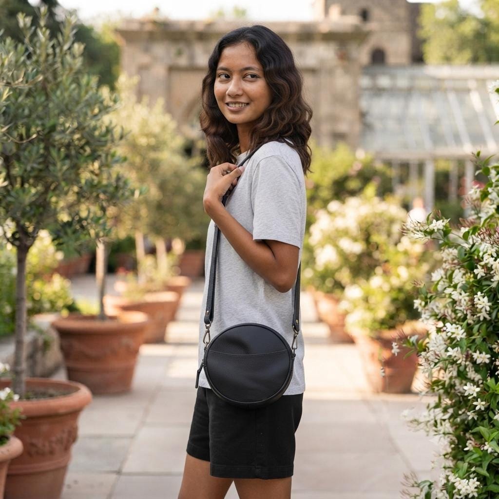 Round Full-Grain Leather Crossbody Bag, Minimalist Circle Shoulder Purse
