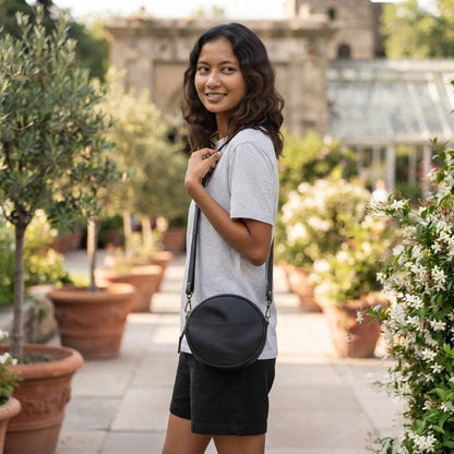 Round Full-Grain Leather Crossbody Bag, Minimalist Circle Shoulder Purse