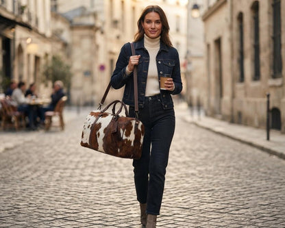Hair-on Cowhide Leather Duffel Bag | Handcrafted Western Weekender Travel Luggage