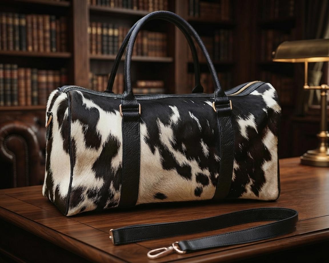 Hair-on Cowhide Leather Duffel Bag | Handcrafted Western Weekender Travel Luggage