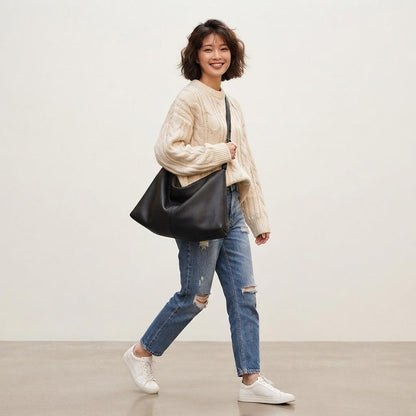Structured Split Leather Tote Bag, Minimalist Everyday Shoulder Handbag