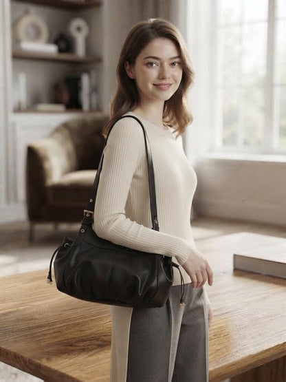 Black Mini Bucket Bag, Lillith Drawstring Purse, Compact Leather Crossbody Handbag