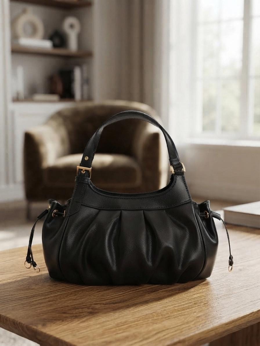 Black Mini Bucket Bag, Lillith Drawstring Purse, Compact Leather Crossbody Handbag
