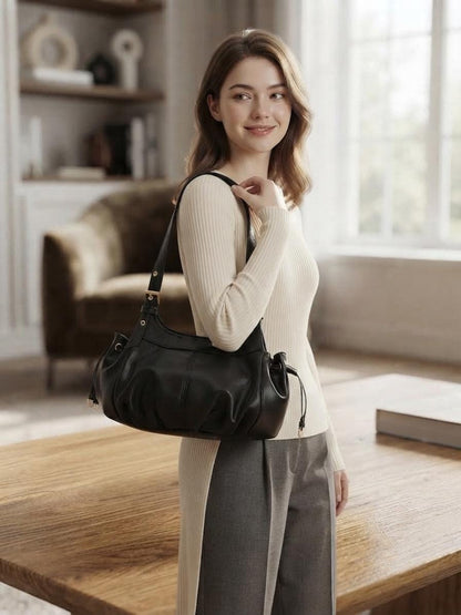 Black Mini Bucket Bag, Lillith Drawstring Purse, Compact Leather Crossbody Handbag